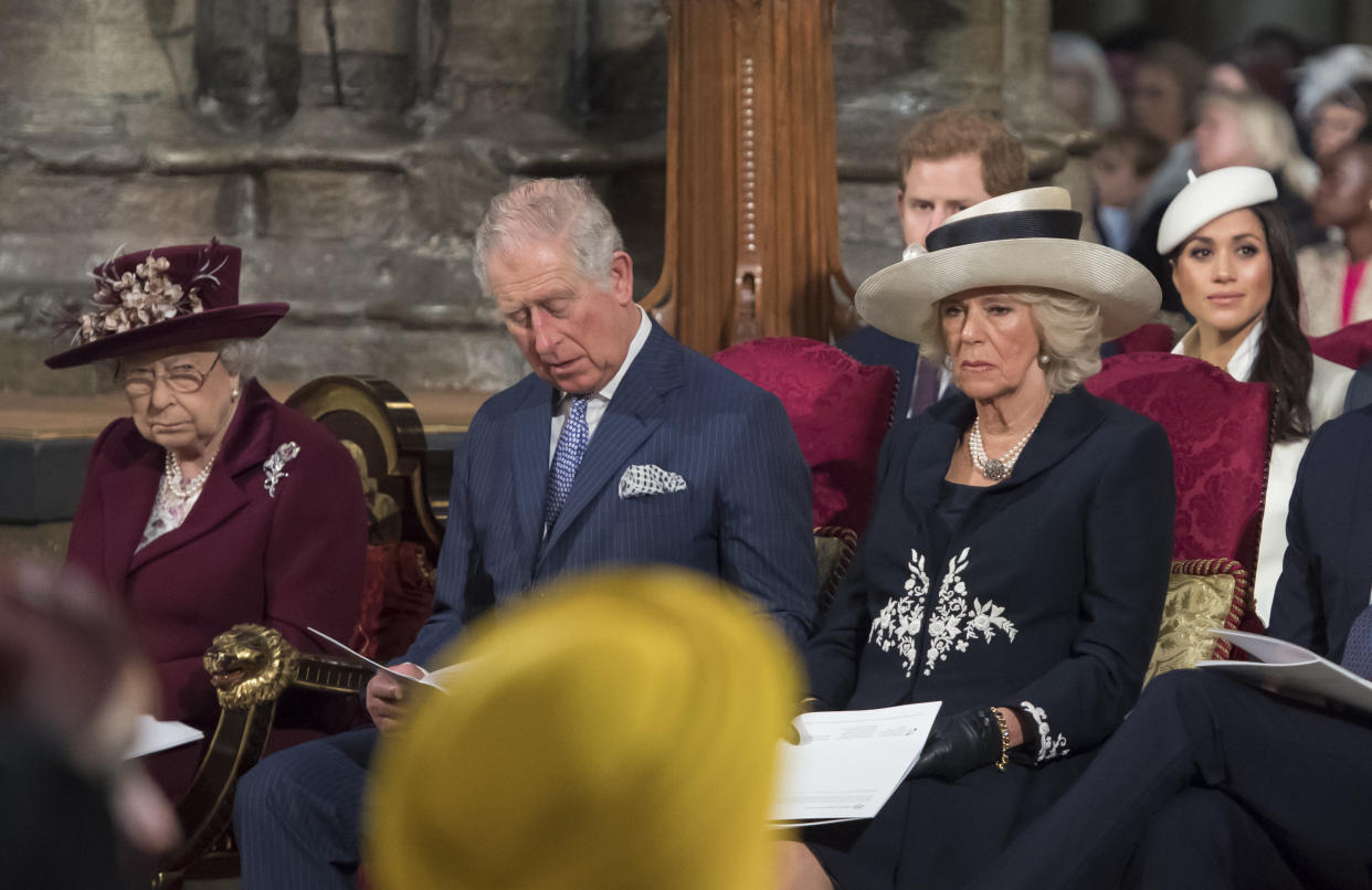 Queen Elizabeth II, Prince Charles, Camilla, Duchess of Cornwall, Prince Harry and Meghan Markle attend the Commonwealth Service at Westminster Abbey on March 12.&nbsp; (Photo: WPA Pool via Getty Images)