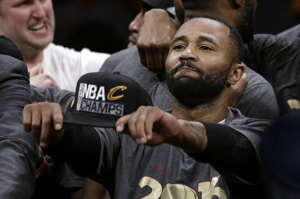 FILE - In this June 19, 2016, file photo, Cleveland Cavaliers guard Mo Williams celebrates after Game 7 of basketball's NBA Finals between the Golden State Warriors and the Cavaliers in Oakland, Calif. Williams played in the All-Star Game and now coaches at Alabama State. Historically Black institutions like Alabama State will be a focus of Sunday’s NBA All-Star Game in Atlanta. (AP Photo/Marcio Jose Sanchez, File)