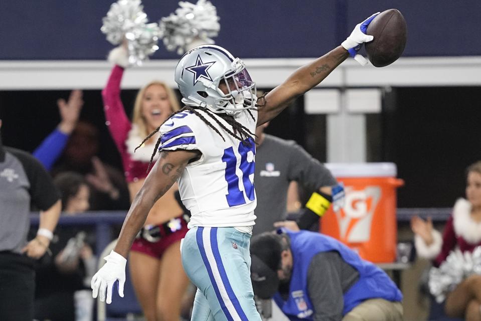 Dallas Cowboys' T.Y. Hilton celebrates a long pass reception during the second half of an NFL football game against the Philadelphia Eagles Saturday, Dec. 24, 2022, in Arlington, Texas. (AP Photo/Tony Gutierrez)