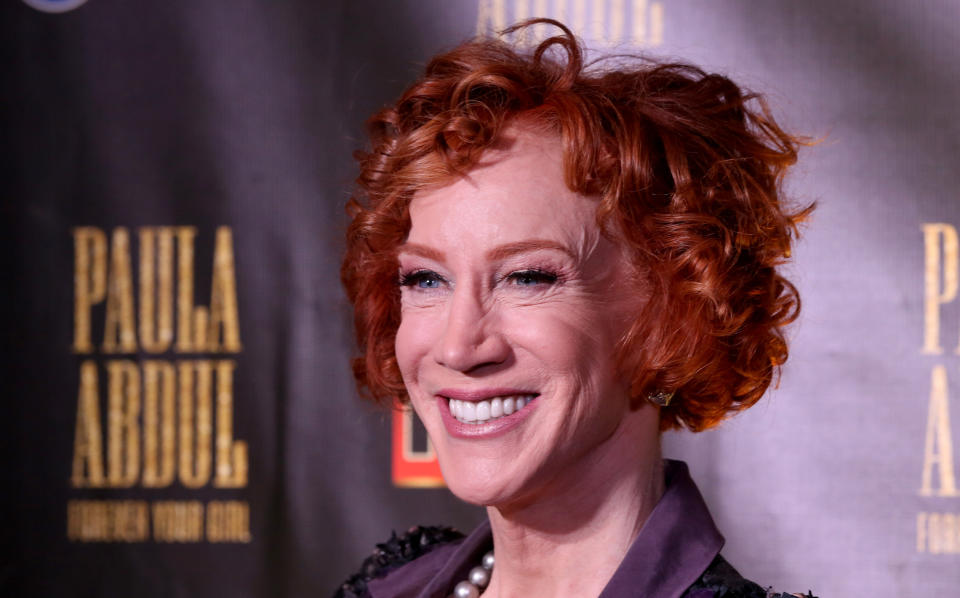 Closeup photo of Kathy Griffin smiling at something off-camera