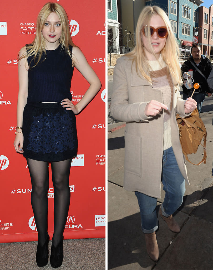 <b>Sundance Snow Queen</b><br>Sure the night air in Park City, Utah, has been in the ‘20s and teens, but that didn’t stop Dakota Fanning from braving the freezing temperatures at this year’s Sundance Film Festival. Wearing a sleeveless, cropped sweater top, a mini skirt adorned with a sparkling winter design, and a hot pair of heeled ankle boots (left), the 18-year-old actress was the biggest star in her film to attend the red carpet premiere of “Very Good Girls” on Tuesday's chilly night. (And she was spotted earlier in the day bundled up in a cream coat.) Co-stars Demi Moore and Elizabeth Olsen were nowhere to be seen when the film’s cast and director posed for press. But... Olsen was later spotted at an after party.