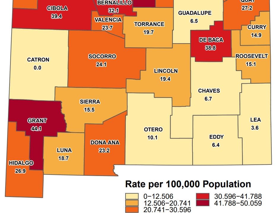 Average daily reported cases of COVID-19, adjusted for population, across southern New Mexico increased during the week of May 23 to May 29, as shown in this heat map from the New Mexico Department of Health. The figures show average daily cases per 100,000 population.