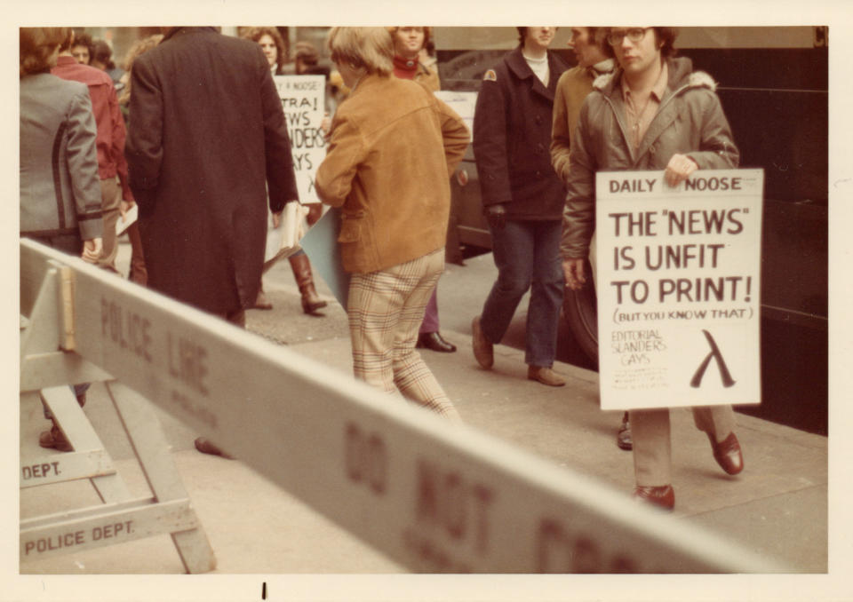 In this 1972 photo, members of the Gay Activists Alliance hold a protest against the New York Daily News for its use of homophobic slurs in its coverage of the LGBTQ community. Fifty years later, media treatment of the LGBTQ community has changed and is still changing. "The progress has been extraordinary, with the caveat that we still have a lot to do," said Cathy Renna, a former executive for the media watchdog GLAAD who runs her own media consulting firm. (Rudy Grillo/The LGBT Community Center National History Archive, via AP)