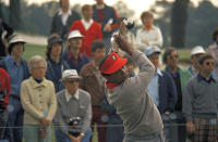 FILE - Lee Elder participates in the Masters Tournament at Augusta, Ga., May 9, 1975. Elder broke down racial barriers as the first Black golfer to play in the Masters and paved the way for Tiger Woods and others to follow. The PGA Tour confirmed Elder’s death, which was first reported by Debert Cook of African American Golfers Digest. No cause or details were immediately available, but the tour said it spoke with Elder's family. He was 87. (AP Photo/Lou Krasky, File)