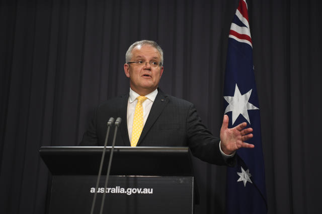 Australian Prime Minister Scott Morrison addresses the media and the nation during a press conference at Parliament House on March 24, 2020 in Canberra, Australia. Morrison has revealed new restrictions Australia-wide from midnight tomorrow to help prevent the spread of COVID-19. There are now 2,139 confirmed cases of COVID-19 in Australia and the death toll now stands at eight. (Photo by Lukas Coch - Pool/Getty Images)