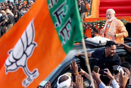 India's Prime Minister Narendra Modi reacts during a roadshow in Varanasi, India, April 25, 2019. REUTERS/Adnan Abidi