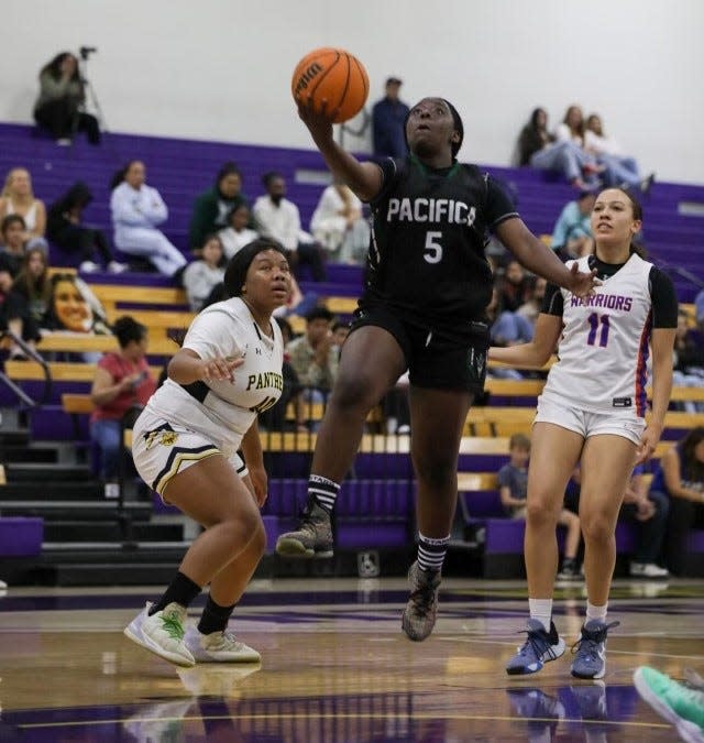West All-Star Myla Scott of Pacifica High drives to the basket during the Ventura County All-Star East/West Girls Basketball Game on Friday night at Cal Lutheran. Scott finished with 16 points.