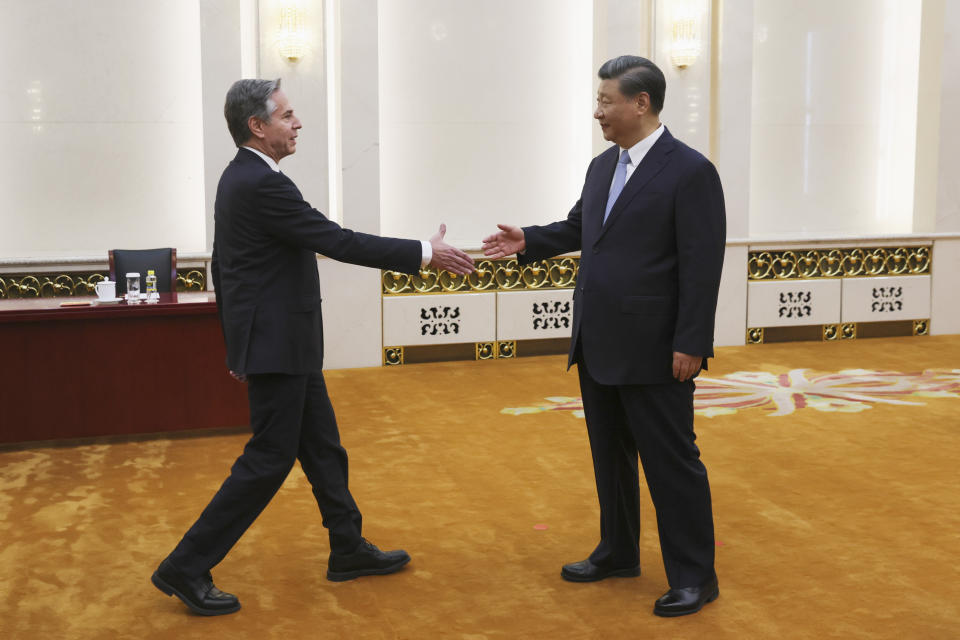 FILE - U.S. Secretary of State Antony Blinken meets with Chinese President Xi Jinping in the Great Hall of the People in Beijing, China on June 19, 2023. (Leah Millis/Pool Photo via AP, File)