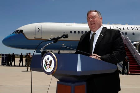 U.S. Secretary of State Mike Pompeo speaks to the media at Joint Base Andrews, Maryland