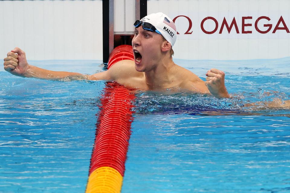 Chase Kalisz celebrates after winning the men's 400-meter individual medley at the Tokyo Olympics.