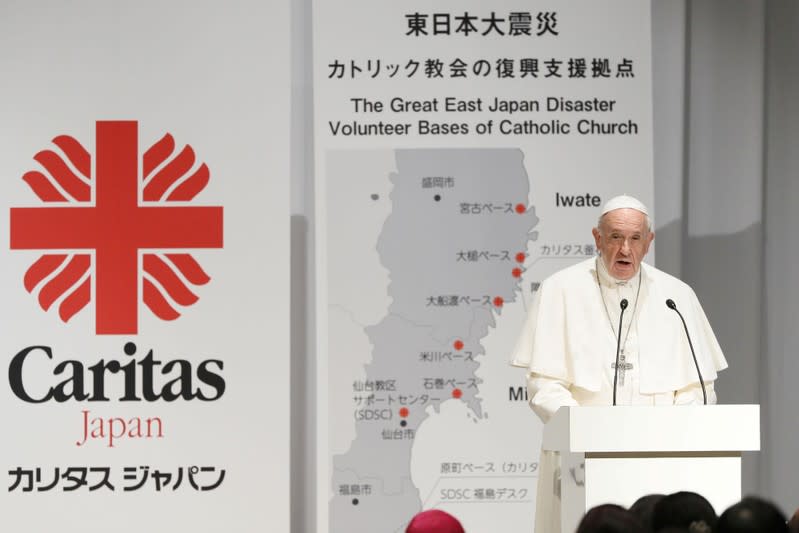 Pope Francis delivers a speech during a meeting with victims of the March 2011 earthquake and tsunami disaster, in Tokyo