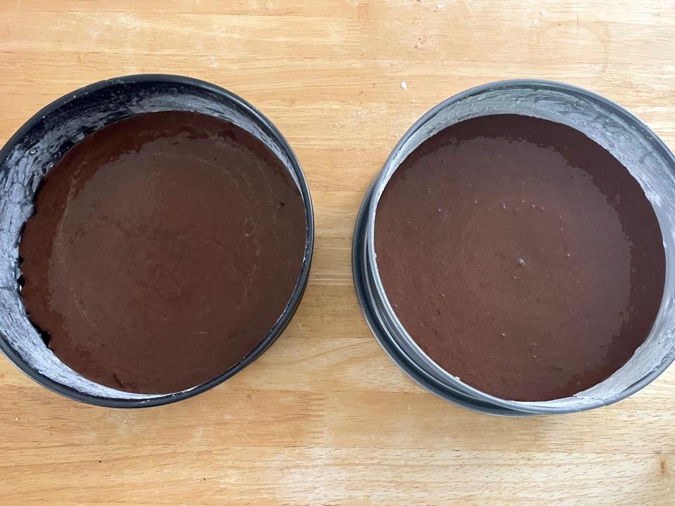 Cake batter in tins for Ina Garten Beatty's Chocolate Cake