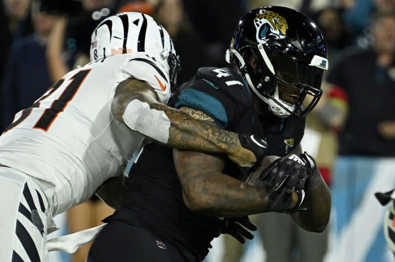 Jacksonville Jaguars pass rusher Josh Allen logged 45 sacks through his first 74 games in the NFL. File Photo by Joe Marino/UPI