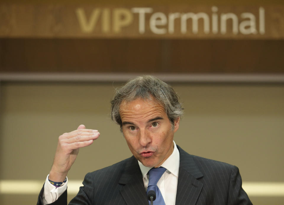 International Atomic Energy Agency (IAEA) Director General, Rafael Grossi, addresses the media after arriving at the Vienna International Airport in Schwechat, Austria, Tuesday, May 7, 2024. The head of the United Nations' atomic watchdog traveled Monday to Iran, where his agency faces increasing difficulty in monitoring the Islamic Republic's rapidly advancing nuclear program as tensions remain high in the wider Middle East over the Israel-Hamas war. (AP Photo/Heinz-Peter Bader)