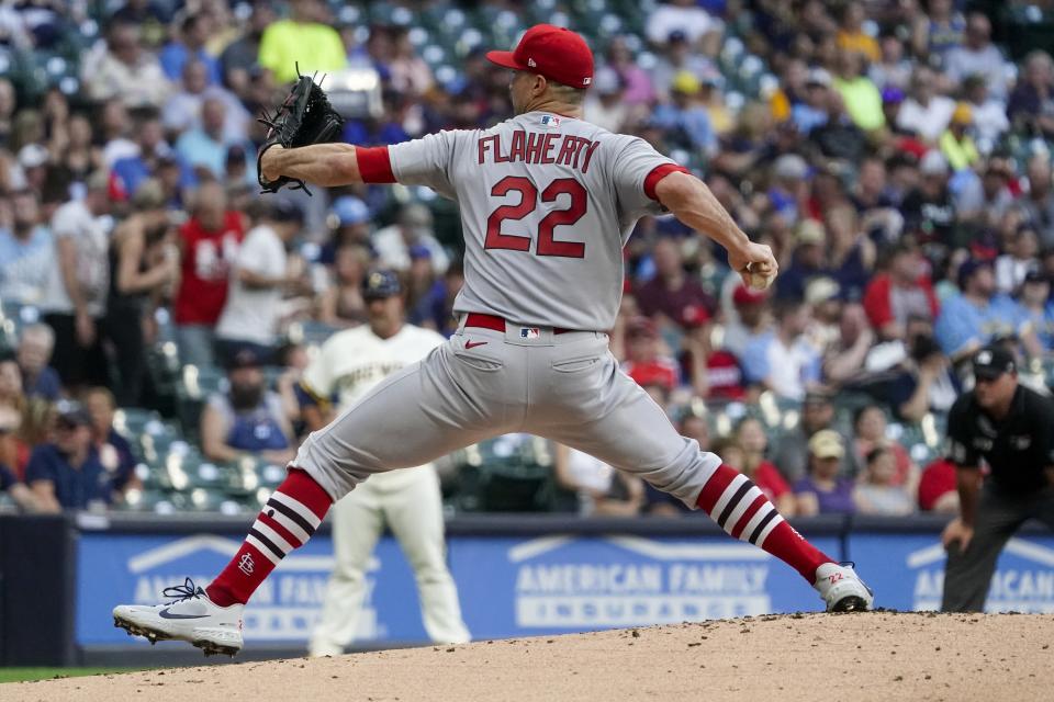 St. Louis Cardinals starting pitcher Jack Flaherty throws during the first inning of a baseball game against the Milwaukee Brewers Tuesday, June 21, 2022, in Milwaukee. (AP Photo/Morry Gash)