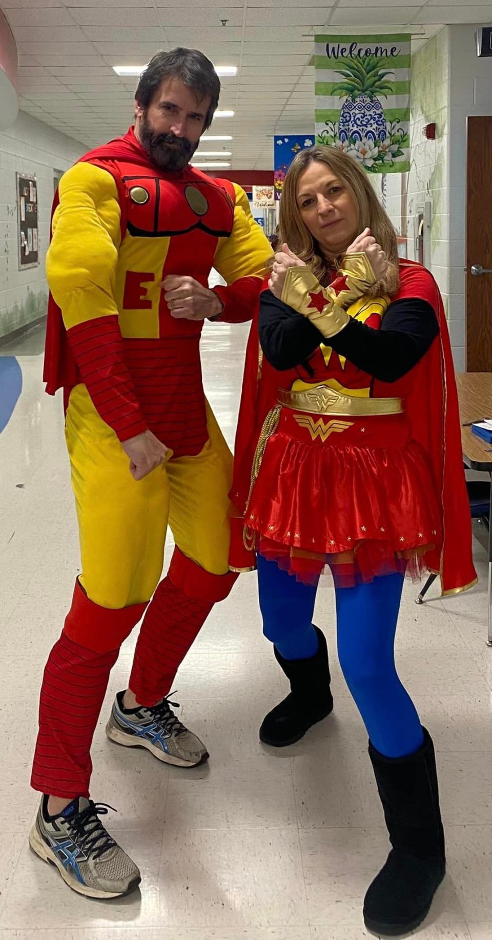 Robert Eichholtz (PE) and Principal Lynn Jacomen channel their inner superhero for the finale of Kindness Week on Jan. 27.