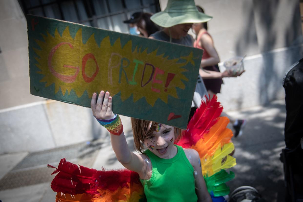 Mayor Eric Adams marches in New York City's pride Parade celebrating the LGBTQIA+ community on Sunday, June 26, 2022.