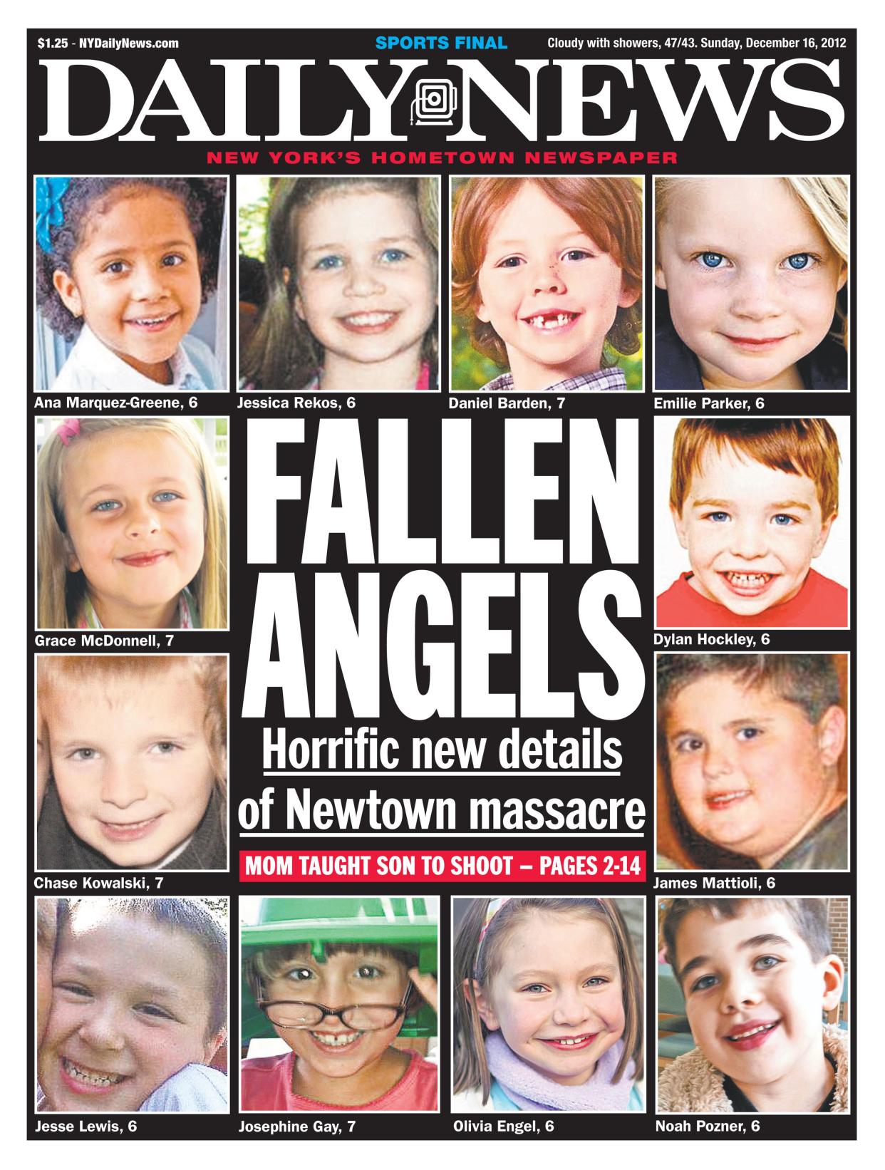 Daily News front page for December 15, 2012. Newtown Sandy Hook massacre. Fallen Angels.