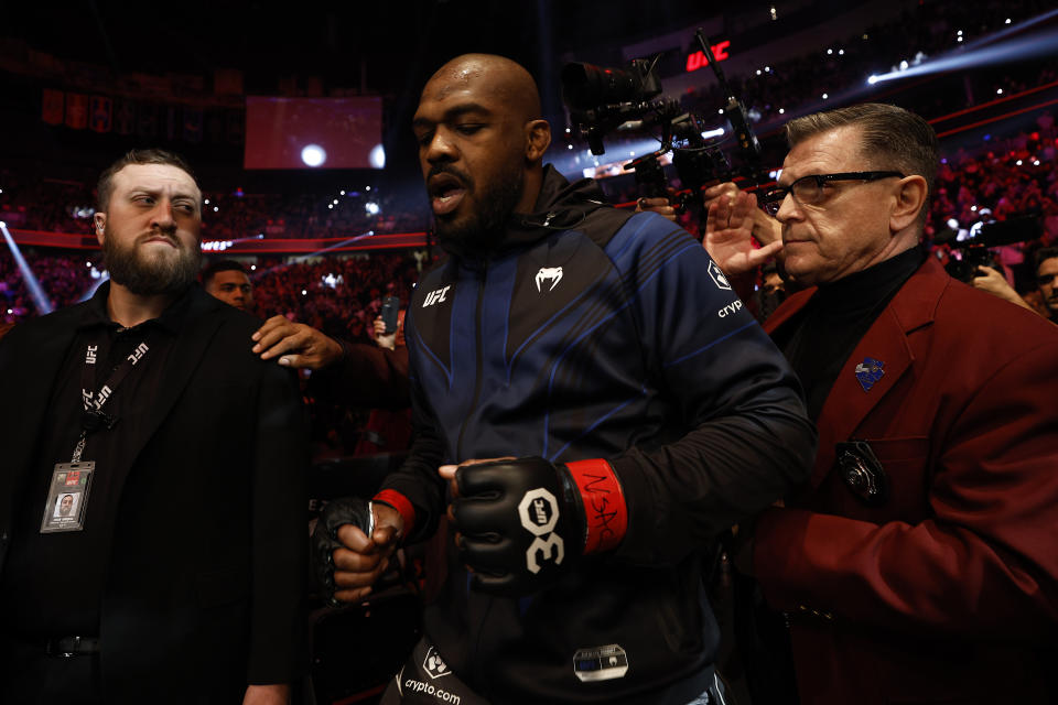 LAS VEGAS, NEVADA – MARCH 04: Jon Jones looks on during the UFC heavyweight championship fight against Ciryl Gane of France during the UFC 285 event at T-Mobile Arena on March 04, 2023 in Las Vegas, Nevada. (Photo by Chris Graythen/Getty Images)