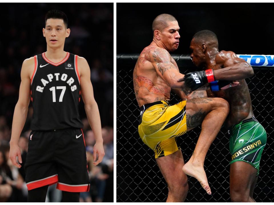 A side by side photo shows Jeremy Lin looking on during an NBA game while Alex Pereira and Israel Adesanya fight during a UFC match.