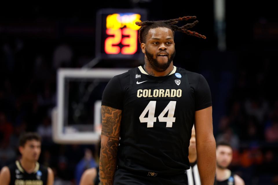 Mar 20, 2024; Dayton, OH, USA; Colorado Buffaloes center Eddie Lampkin Jr. (44) celebrates a play in the second half against the Boise State Broncos at UD Arena.