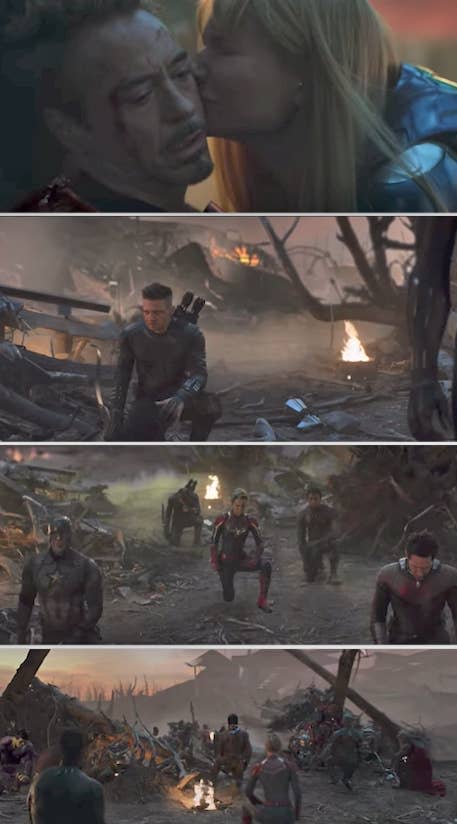 The Avengers kneeling by Tony's dead body
