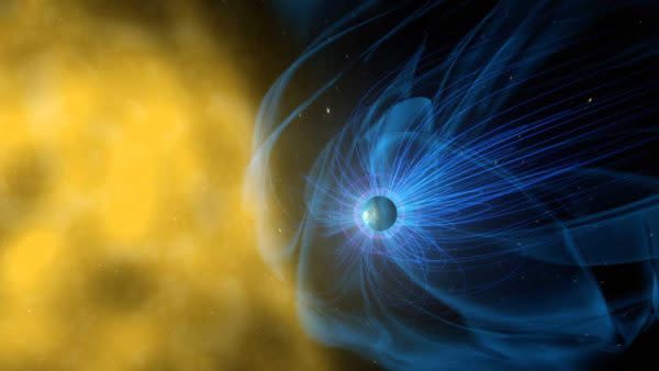 Eine künstlerische Darstellung des Erdmagnetfelds, das den Planeten vor Sonneneinstrahlung schützt. 