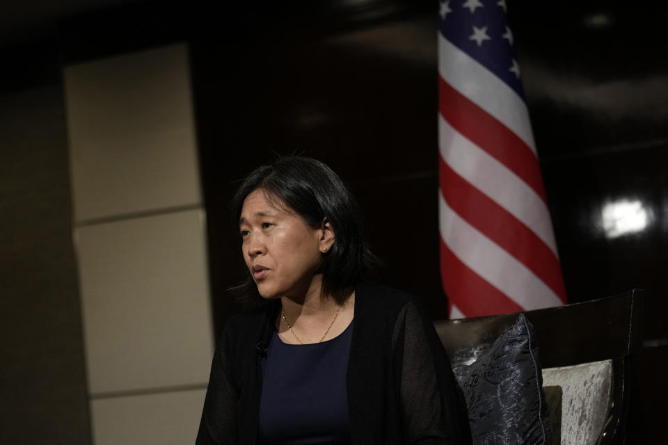 U.S. Trade Representative Katherine Tai gestures during an interview with The Associated Press in Bangkok, Thailand, Friday, May 20, 2022. With world economies all suffering from more than two years of the coronavirus pandemic and global supply problems exacerbated by Russia's invasion of Ukraine, the United States has an "incredible opportunity" to engage with other nations from a common playing field and forge new partnerships and agreements, the top U.S. trade negotiator told The Associated Press.(AP Photo/Sakchai Lalit)