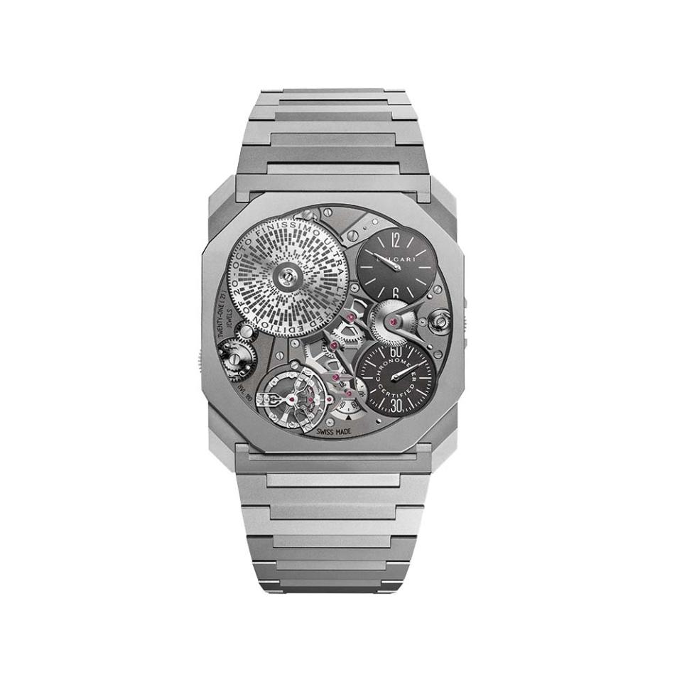 At a total thickness of just 1.70mm, this 40mm Octo Finissimo Ultra COSC in titanium is limited to 20 pieces and sets a new record for the world’s thinnest mechanical wristwatch; price upon request, at Bulgari, Beverly Hills