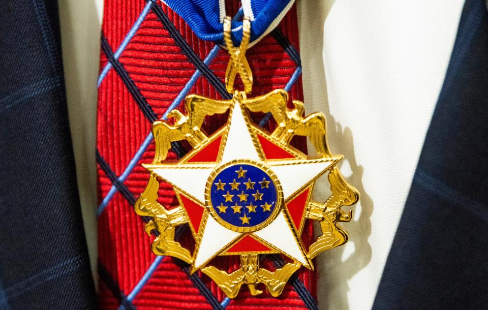 Civil Rights Attorney Fred Gray wears his Presidential Medal of Freedom as he speaks to students, faculty and visitors on the Faulkner campus in Montgomery, Ala., on Monday October 10, 2022. 