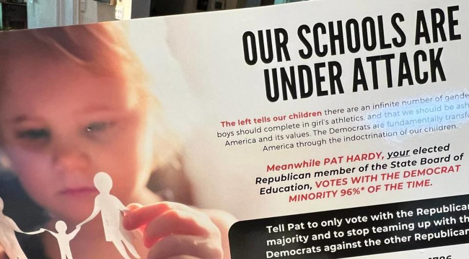 A scare mailer July 25, 2023 from a mysterious, anonymous Dallas sender claims voters should call Republican State Board of Education members because he or she “votes with the Democratic minority.” Bud Kennedy/bud@star-telegram.com