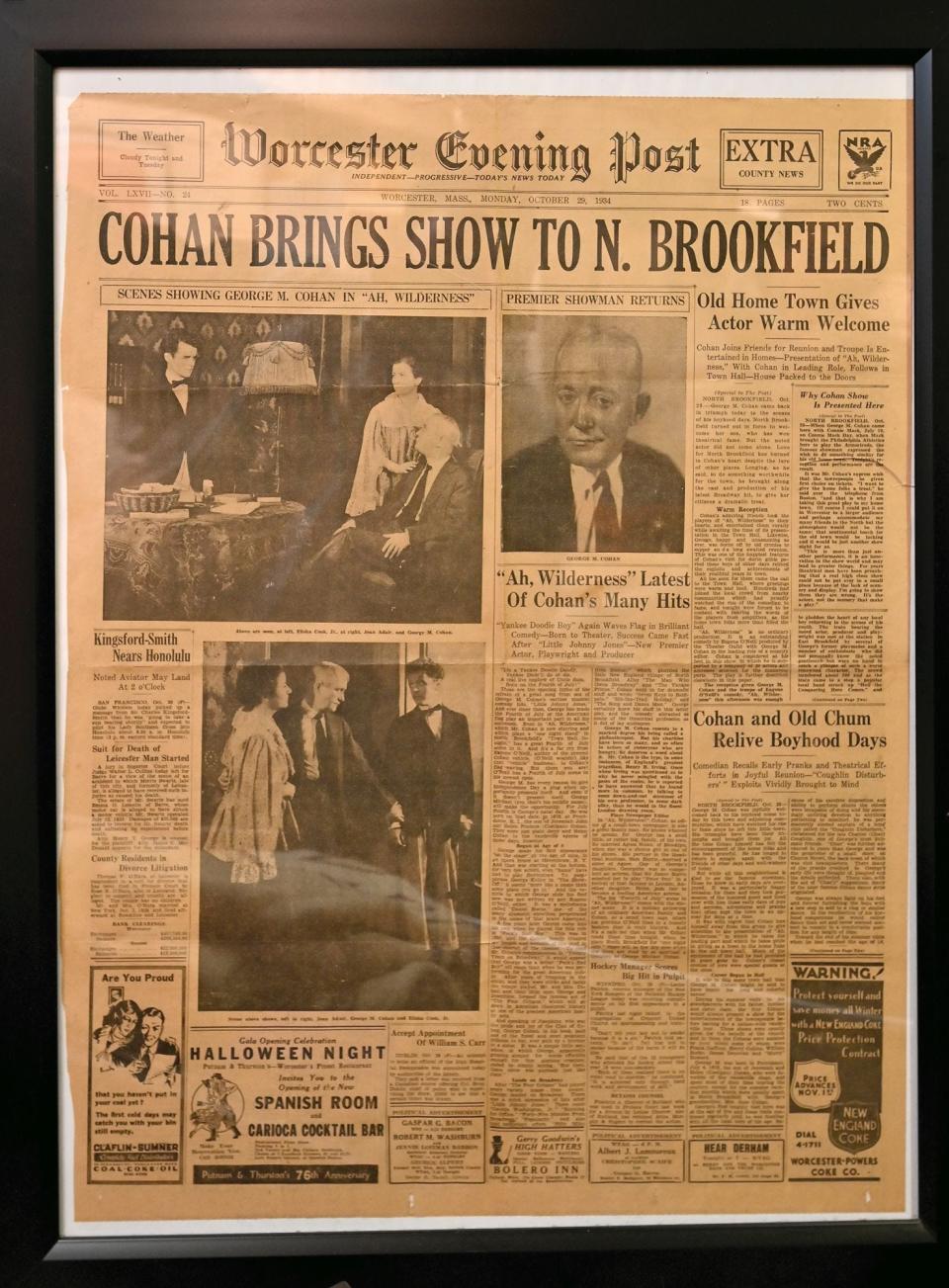 Worcester Evening Post front page featuring articles on George M. Cohan at North Brookfield Historical Society