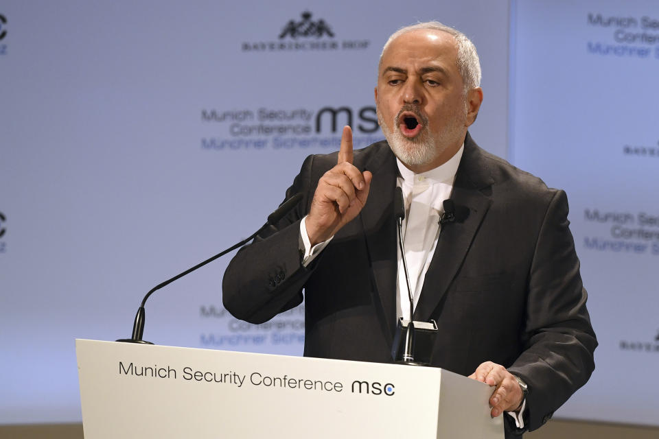 Iranian Foreign Minister Mohammad Javad Zarif speaks during the Munich Security Conference in Munich, Germany, Sunday, Feb. 17, 2019. (AP Photo/Kerstin Joensson)