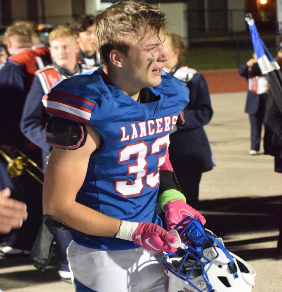 Emotions get the best of Lakewood senior Josh Hicks after a 20-14 victory against visiting Utica at Calhoun Memorial Field on Friday, Oct. 21, 2022.