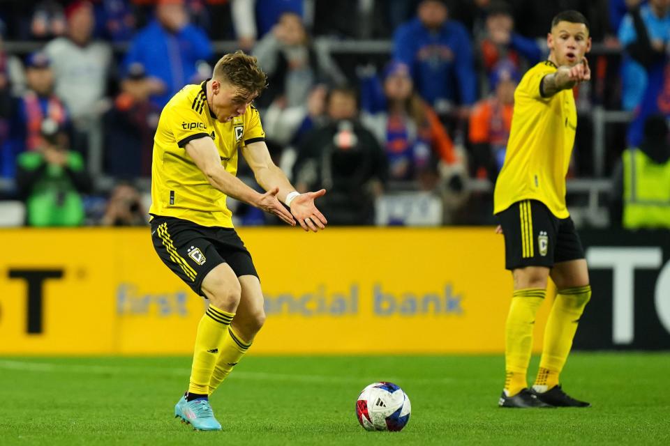 Crew defender Julian Gressel reacts during Saturday's win over FC Cincinnati.