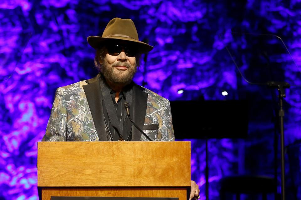 Hank Williams Jr. speaks during the Country Music Hall of Fame’s Medallion Ceremony held to induct the class of 2020 Sunday, November 21, 2021.