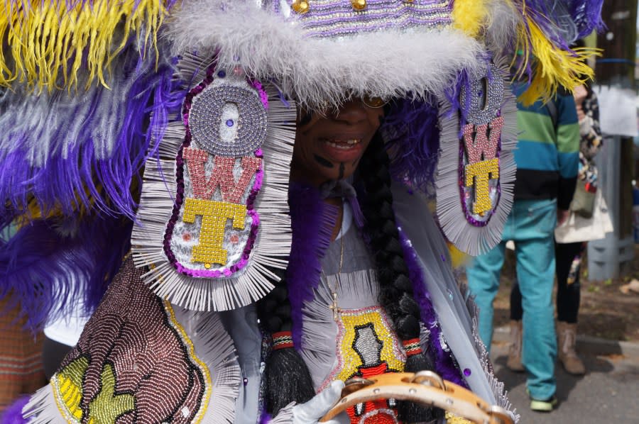 Mardi Gras Indians and revelers during the Uptown Super Sunday celebration in New Orleans (LeBron Joseph photo)