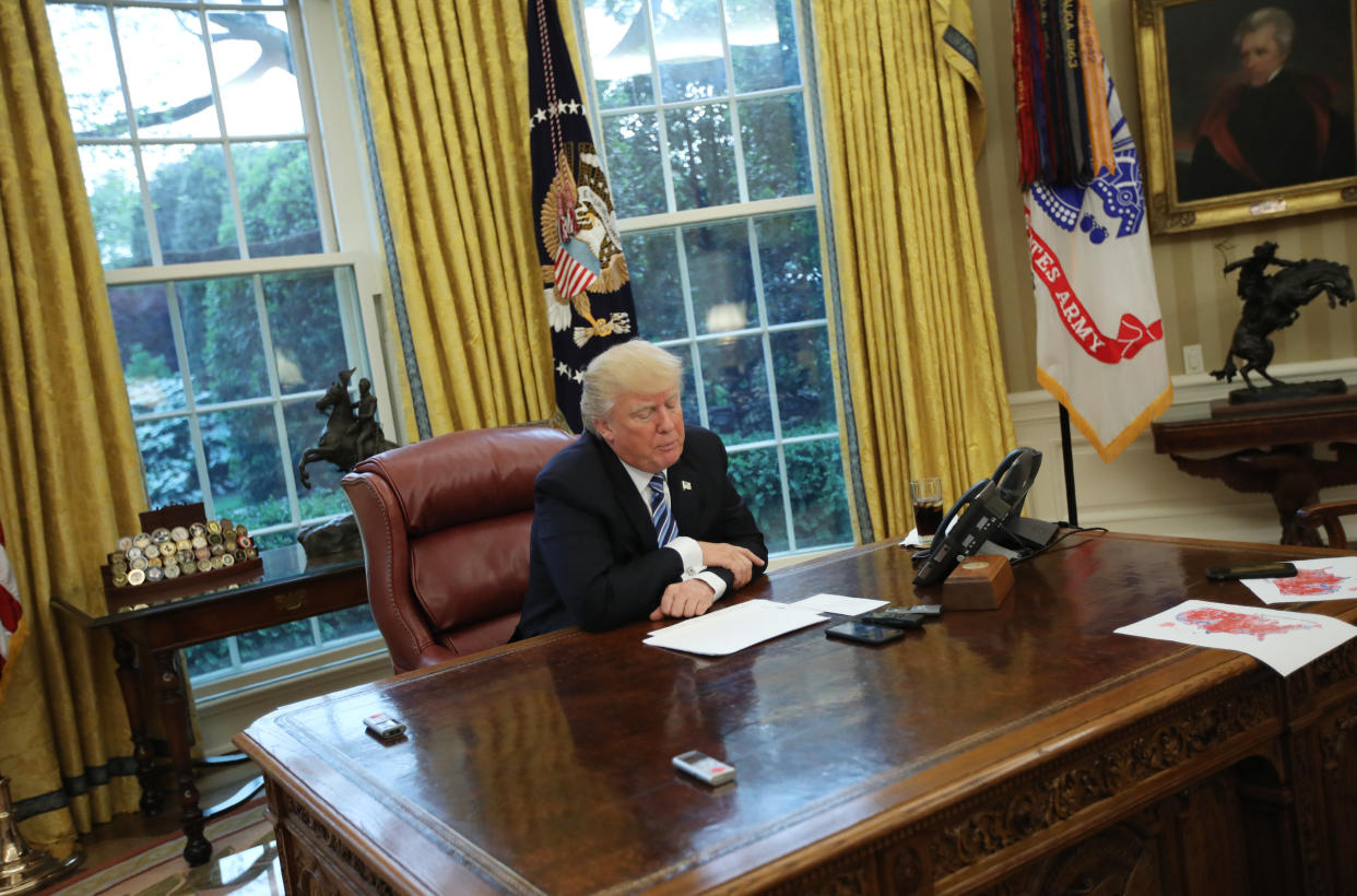 U.S. President Donald Trump speaks during an interview with Reuters in the Oval Office of the White House in Washington, U.S., April 27, 2017. (Photo: Carlos Barria / Reuters)
