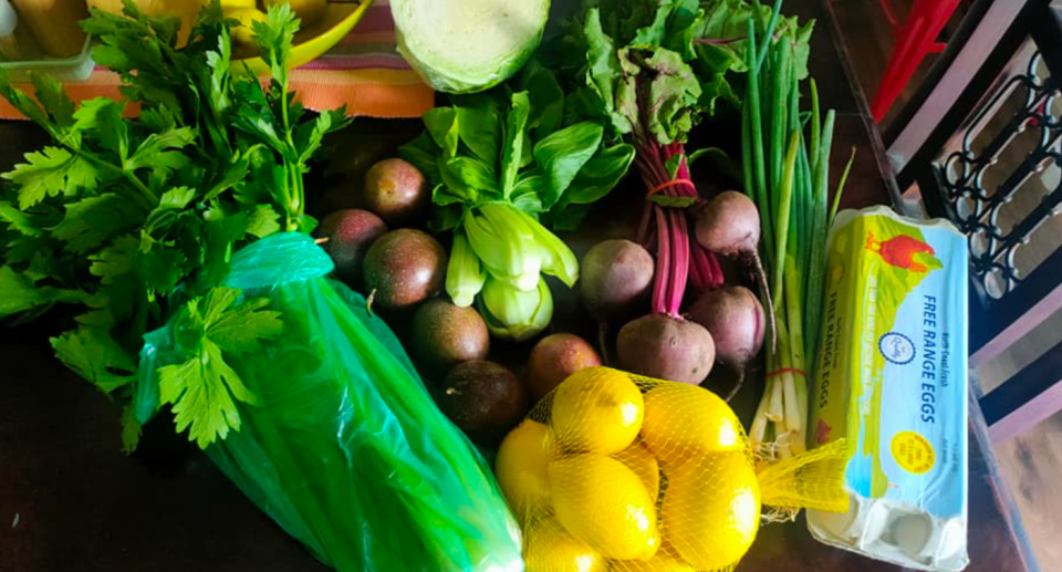 Woolworths fruit, vegetables and eggs - groceries - bought from the farmer's market.