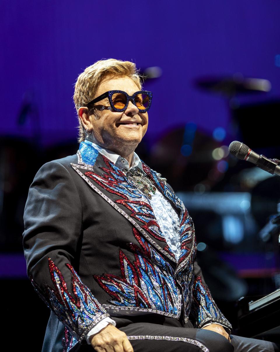 Elton John smiles out at the audience as he performs at Vivint Arena in Salt Lake City on Wednesday, Sept. 4, 2019. | Scott G Winterton, Deseret News
