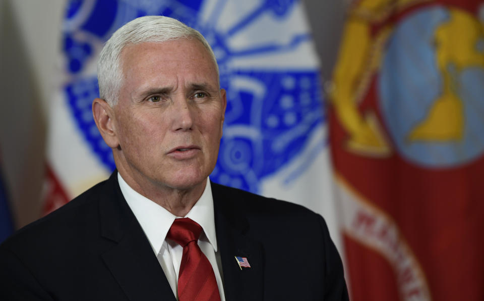 Vice President Mike Pence speaks during a meeting with Commander of U.S. Indo-Pacific Command Admiral Phil Davidson during a visit to Camp H.M. Smith in Hawaii, Wednesday, Aug. 1, 2018. Pence is in Hawaii to speak at a ceremony marking the arrival of the remains believed to be of American service members who fell in the Korean War. North Korea handed over the remains last week.(AP Photo/Susan Walsh)