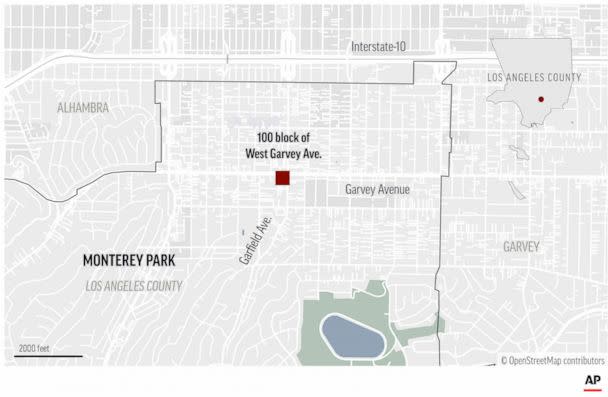 PHOTO: Map indicating the location where a gunman opened fire at a Los Angeles-area ballroom dance studio following a Lunar New Year celebration. (Associated Press)