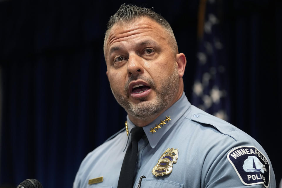 Minneapolis Police Chief Brian O'Hara speaks, Friday, June 16, 2023, in Minneapolis, about a Department of Justice report that found the Minneapolis Police Department has engaged in a pattern or practice of discrimination. (AP Photo/Abbie Parr)