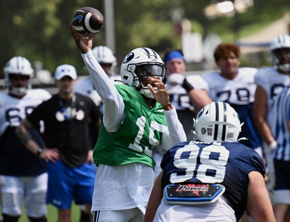 BYU quarterback Nick Billoups passes the ball during football practice in Provo on Tuesday, Aug. 8, 2023. | Scott G Winterton, Deseret News