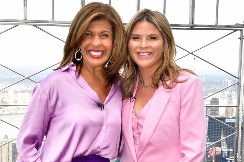 <p>Eugene Gologursky/Getty</p> Hoda Kotb and Jenna Bush Hager at The Empire State Building on April 08