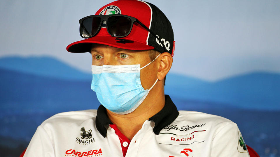 Alfa Romeo driver Kimi Raikkonen speaks during a press conference at the Hungarian Grand Prix.