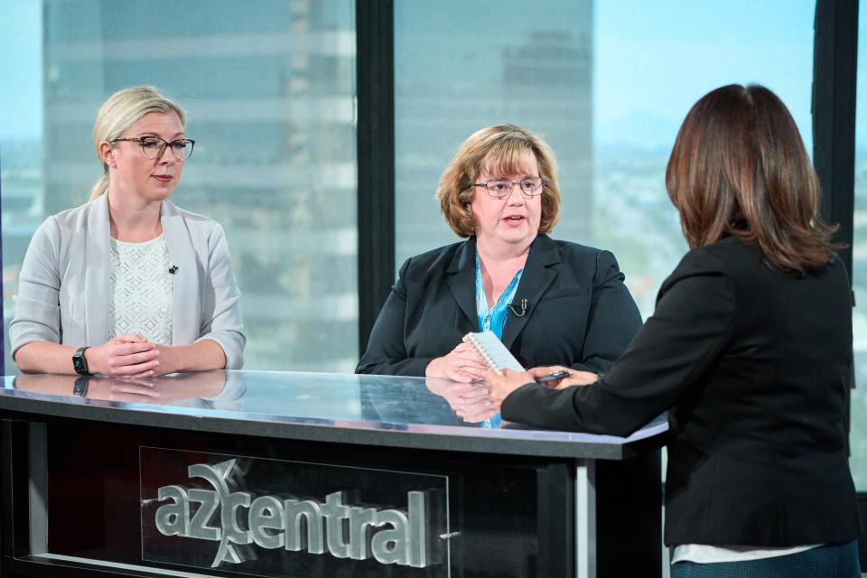 (L-R) Julie Gunnigle (D), Rachel Mitchell (R) and Elvia Díaz stand in The Arizona Republic studio for a debate between the candidates for Maricopa County Attorney in Phoenix on Tuesday, Oct. 4, 2022.