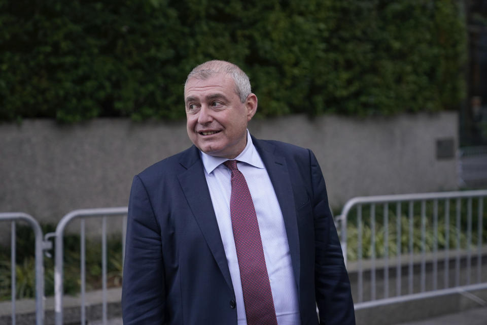 Lev Parnas leaves the courthouse in New York, Tuesday, Oct. 12, 2021. A jury was selected for the trial of Parnas, a onetime associate of Rudy Giuliani who is accused along with a co-defendant of making illegal campaign contributions. (AP Photo/Seth Wenig)