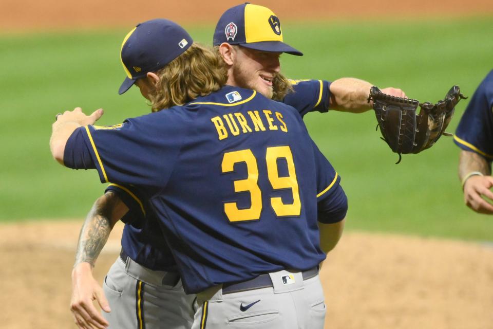Sept. 11: Milwaukee Brewers reliever Josh Hader and starting pitcher Corbin Burnes celebrate after they combined for a no-hitter. It was the ninth no-hitter of the season and the third time that Cleveland had been no-hit.