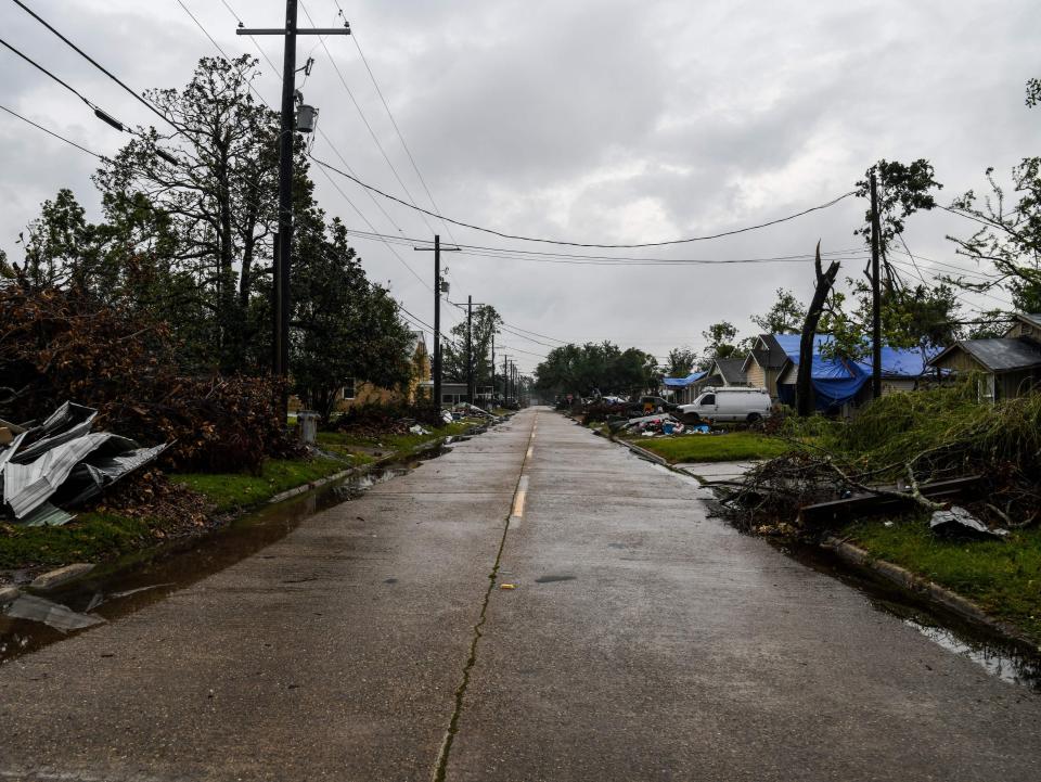 A deserted street is seen a day before upcoming Hurricane Delta in Lake Charles, Louisiana on October 8, 2020 ((AFP via Getty Images))